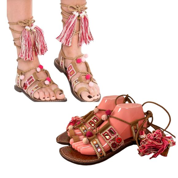 Sam Edelman Gretchen Boho Embroidered Tassel Gladiator Sandals Women's Size 7.5 - Picture 1 of 11